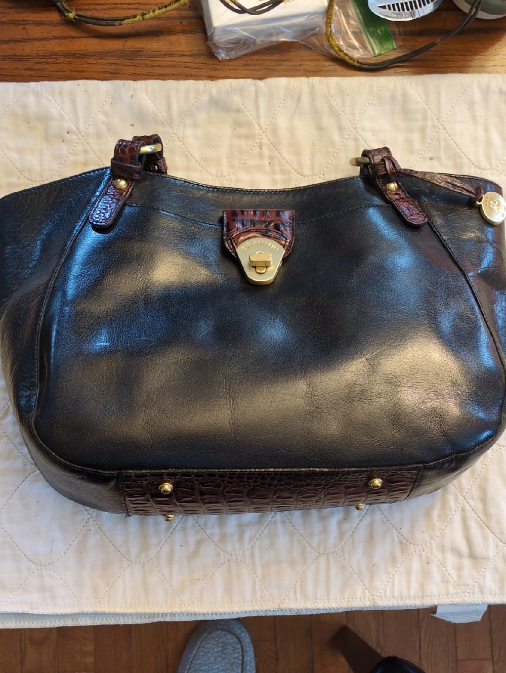 Brahmin Black Leather Crossbody with Brown Croc-Trim and Gold Hardware